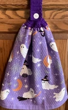 Double purple hanging kitchen towel Halloween ghosts crocheted purple top