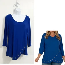 Royal Blue Jersey Knit Top Size L Boho Artsy Asymmetric Office Casual NWT