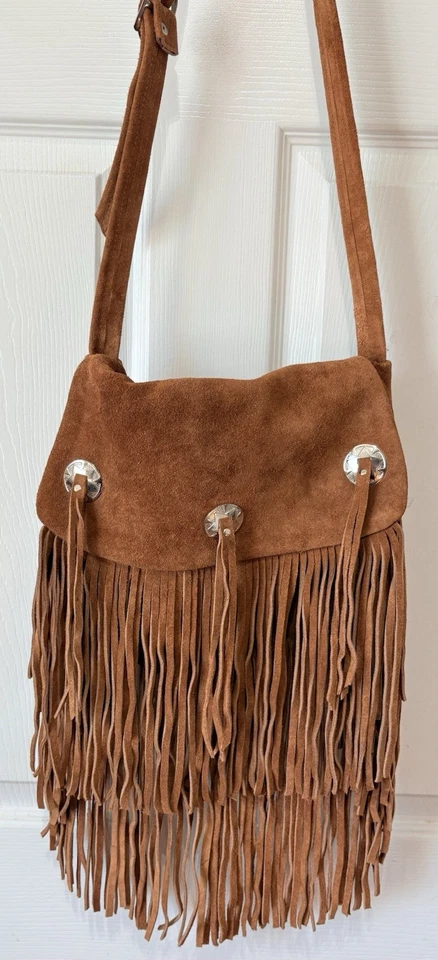 Vintage 80s 90s Fringe Tan Genuine Suede Concho Purse Handmade 40” Long NWOT - Image 2 of 4