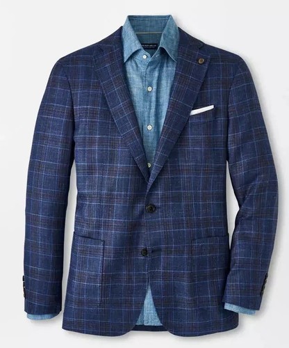 $1295 42L Peter Millar Lowel Plaid Sport Coat Navy Blue Wool Silk Linen Blazer - Picture 8 of 14