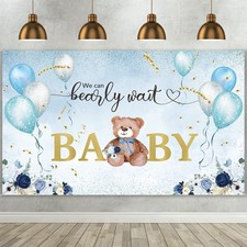 Bear Baby Shower Backdrop We Can Bearly Wait Banner for Boy Watercolor Sky Bl...
