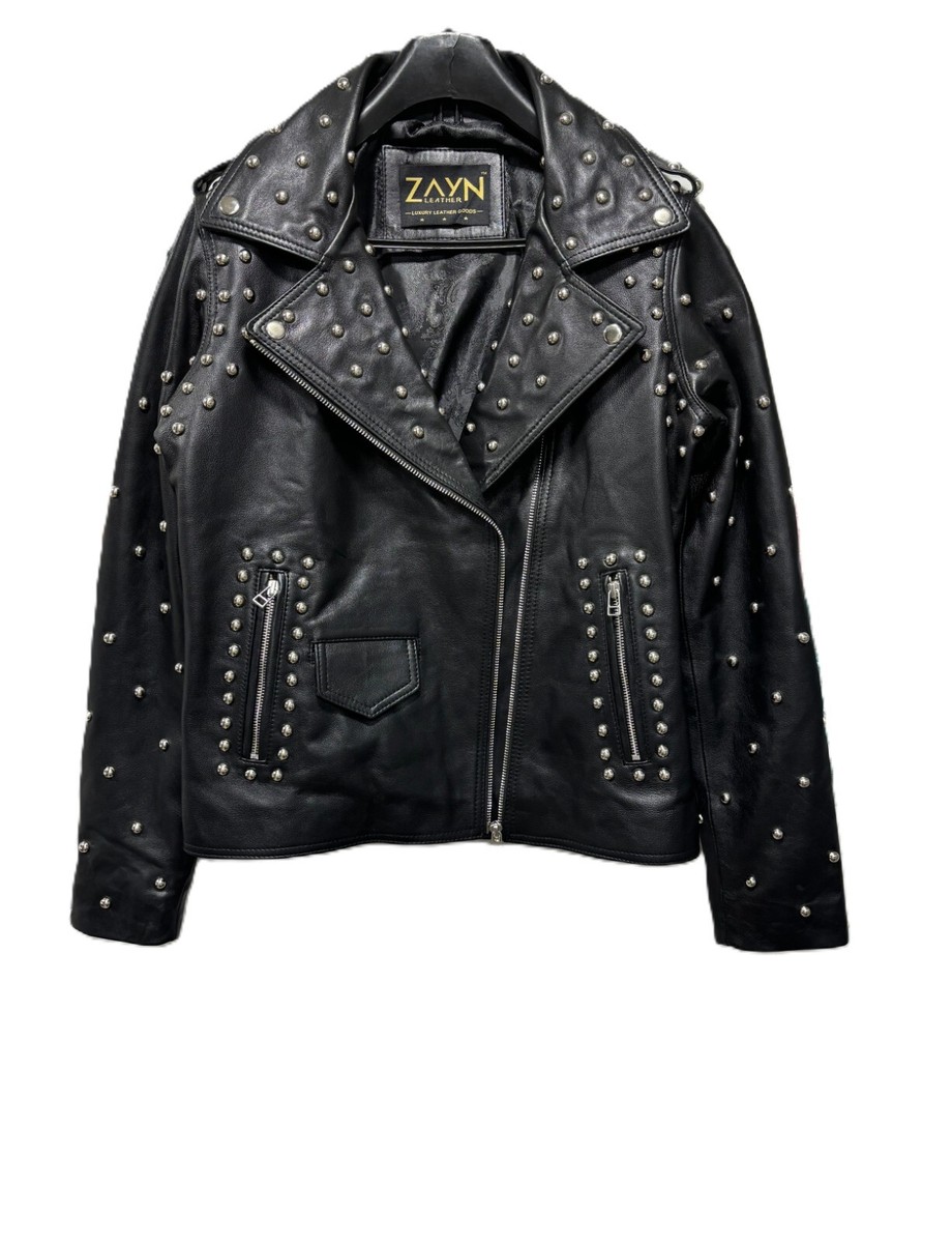 YUTHENTIC ♥ Fake leather coat-type padded jacket Women's Studded Leather Jacket Black Motorcycle Biker Real