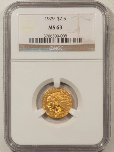 1929 $2.50 INDIAN GOLD QUARTER EAGLE - NGC MS-63, FINAL YEAR OF ISSUE!