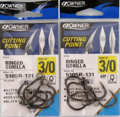 Four (4) packs of Owner Fishing 5105R-131 Ringed Gorilla Fish Hooks 3/0, 5/pk
