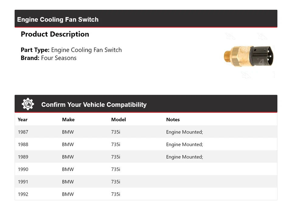 For 1987-1992 BMW 735i Engine Cooling Fan Switch 4 Seasons 1988 1989 1990 1991 - Image 2 of 4