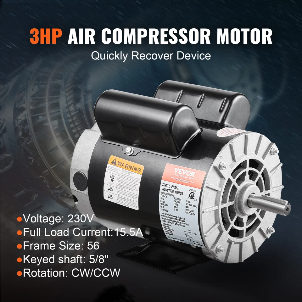 Uimoso 3HP Air Compressor Electric Motor 230V 3450RPM 56 Frame CW/CCW Rotation - Image 2 of 4