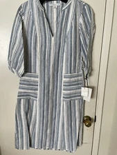 W by WORTH WOMENS Full length Blue White Striped Linen TUNIC V-NECK Size XXS