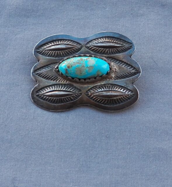Old Vintage Indian Turquoise Heavy Silver Stamped Pin Old Vintage Indian Turquoise Heavy Silver Stamped Pin