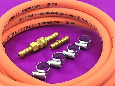 LPG Propan Messing Schnellverschluss Verbinder + Düse + 2 Meter 8mm Innendurchmesser Schlauch & 4 Clips
