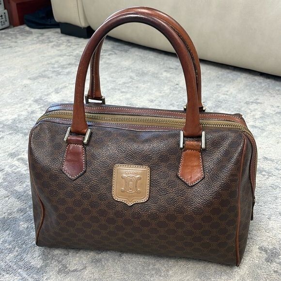 Vintage Celine Macadam Coated Canvas Boston Bag Satchel Brown