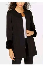 Nine West Uk Size 12 / Us 8 Nostalgia Black Coat With Faux Fur Cuffs New