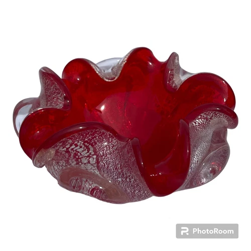 Murano Art Glass Vintage MCM Red And Clear With Silver Leaf Inclusions