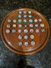 RARE SET OF 32 GERMAN HANDMADE SOLITAIRE MARBLES &  DOUBLE SIDED BOARD