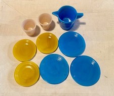 VTG Akro Agate Slag Glass Childrens Dishes Tea Set-9 Pieces-Cobalt Blue-Yellow