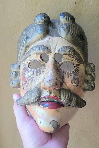 Antique Guatemalan Folk Art Hand Carved Wood Mask Mayan Conquest Dancing Mask