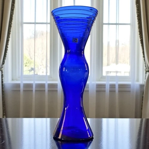 RARE Blenko Cobalt Blue Art Glass Vase 14” Sculptural Vintage Labeled 9727L