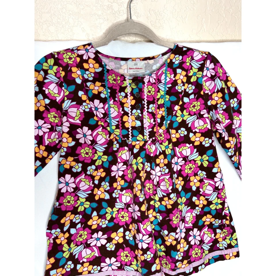 Hanna Andersson Niñas Talla 150 Top Floral Manga Larga Algodón Marrón/Rosa Corbata Foto 3 de 4