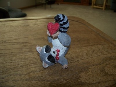 Vtg 1996 Kathy Wise Whimsical Raccoon Figurine with Red Heart & Red Bow Tie CUTE