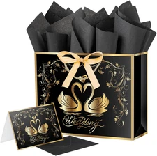 13” Large Black Wedding Gift Bag with Handles and Tissue Paper for Women,Men,Ann