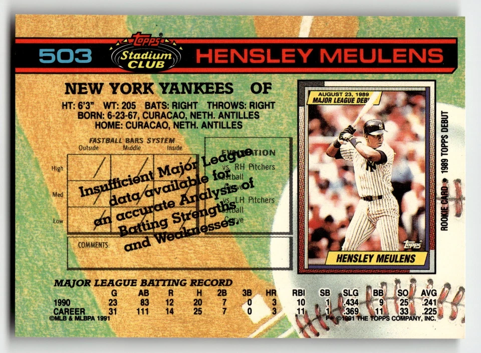 1991 Stadium Club Hensley Meulens #503 New York Yankees HIGH GRADE BEAUTY! - Image 2 of 2