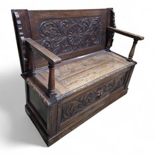 Antique Carved Oak Monks Bench Metamorphic Hall Seat Storage Chest Bench