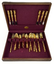Viners Of Sheffield “Golden Cane”+Supreme Cutlery Lot Of 28 Pcs W/Flatware Chest