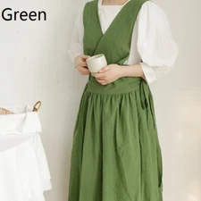 Women Wrap Apron Pleated Pockets Lace Up Pinafore Dress Home Workwear Reversible