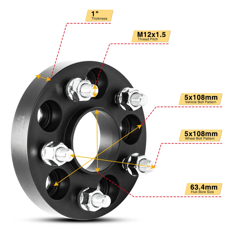 (4) Espaciadores de rueda centrados en el cubo de 25 mm 5x108 12x1,5 para Ford Focus Escape Jaguar XJR Foto 2 de 4