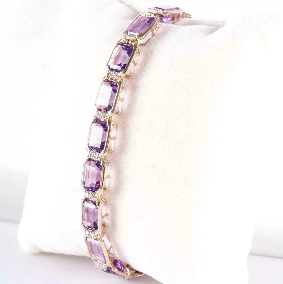 14k Yellow Gold Over 12.29CT Emerald Cut Amethyst Women's Pretty Tennis Bracelet - Image 3 of 4