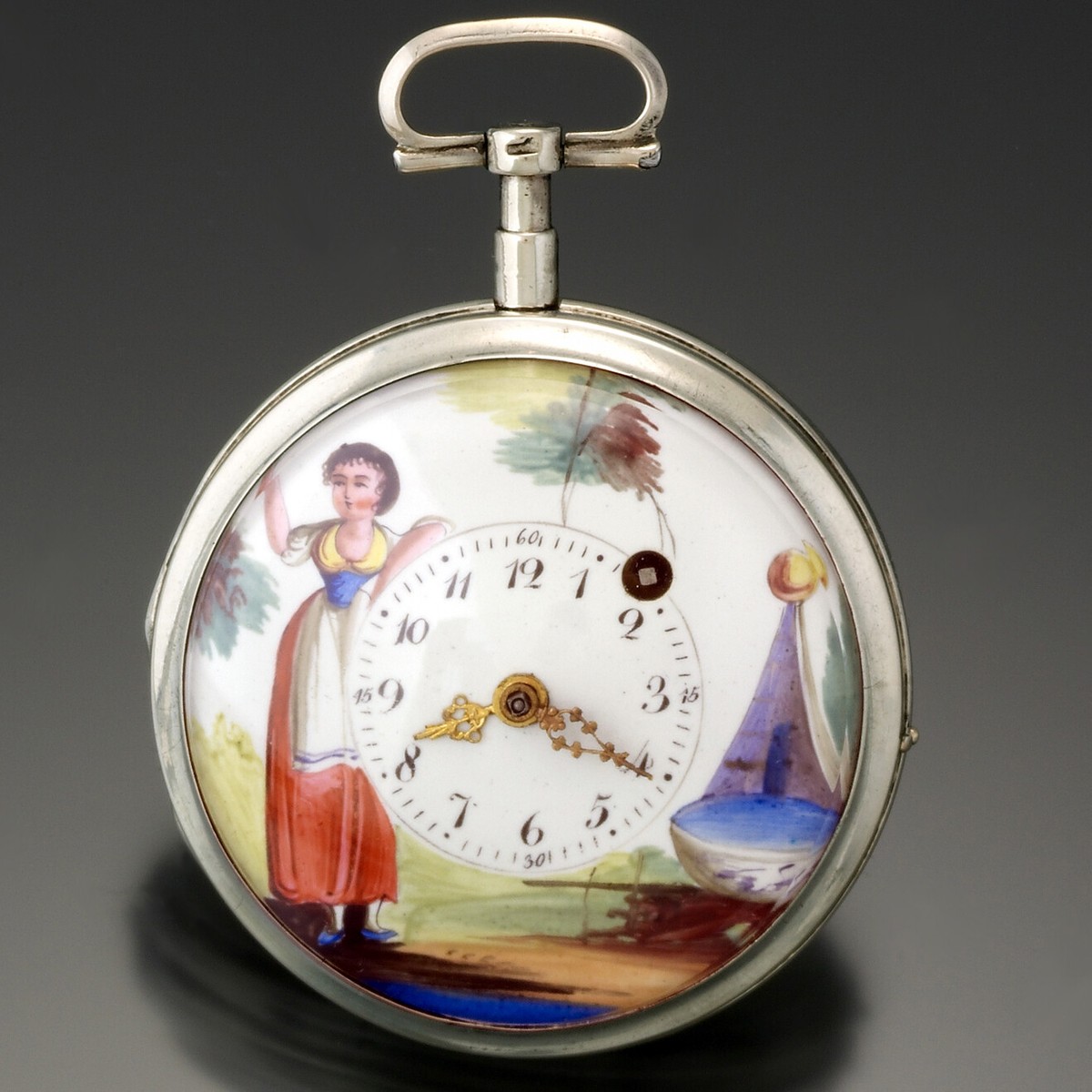 ANTIQUE VERGE FUSEE KEYWIND POCKET WATCH WITH ENAMELED DIAL