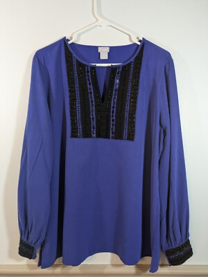 Chicos 2 Blue Tunic Top Medium Black Beads V Neck Long Sleeve with Beaded Cuffs