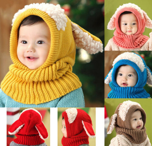 Cute Baby Toddler Winter Beanie Warm Hat Hooded Scarf Earflap Knitted Cap Kids - Afbeelding 1 van 15