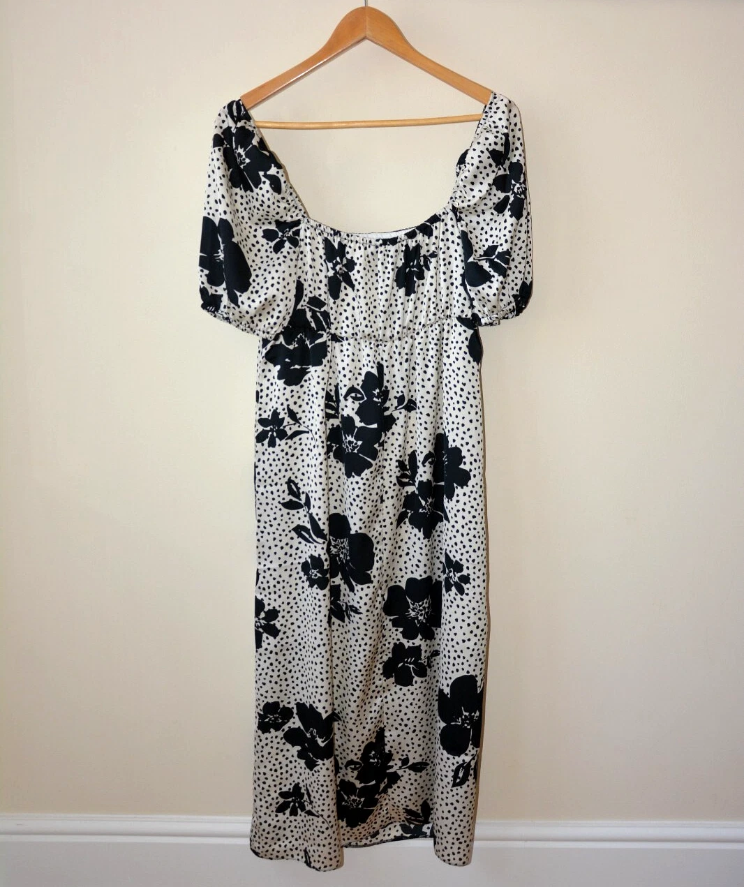 OFF WHITE ABITO MIDI DAMIGELLA EX NEW LOOK OFF WHITE+NERO STAMPA FLOREALE E CRUSCOTTO TAGLIA 10 20
