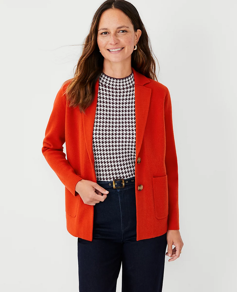 NEW ANN TAYLOR $149 FIRECRACKER ORANGE SWEATER BLAZER SZ M MEDIUM