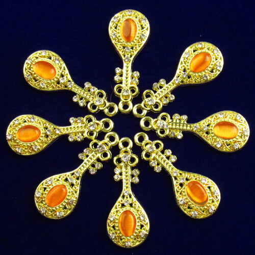 8Pcs 28x11x4mm Orange Cat Eye Tibetan Gold Rhinestone lute Pendant Bead Q08177