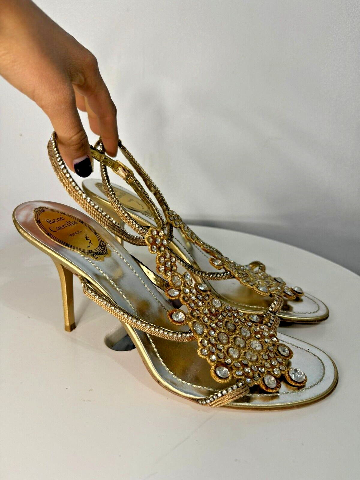 René Caovilla Gold Jewel Heels with Crystals Made in Italy EU 39