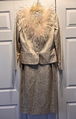 Victor Costa Two-Piece Gold Paisley Print Maxi Suit Feathers NWT VINTAGE Size 8