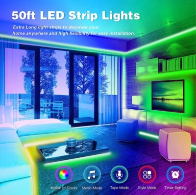 LED Strip Lights 100ft 50ft Music Sync Bluetooth 5050 RGB Room Party Bar Decors