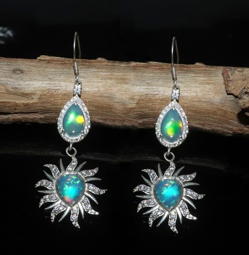 Natural multi fire opal earring long silver earring pear opal cabochon earrings - Picture 9 of 9