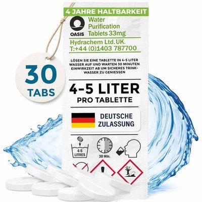 30 Trinkwasser Tabletten je 4-5 L, Wasserreinigungstabletten Camping, Reise