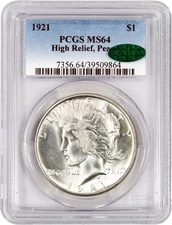 1921 High Relief $1 Peace Dollar Silver PCGS MS64 CAC Key Date Coin
