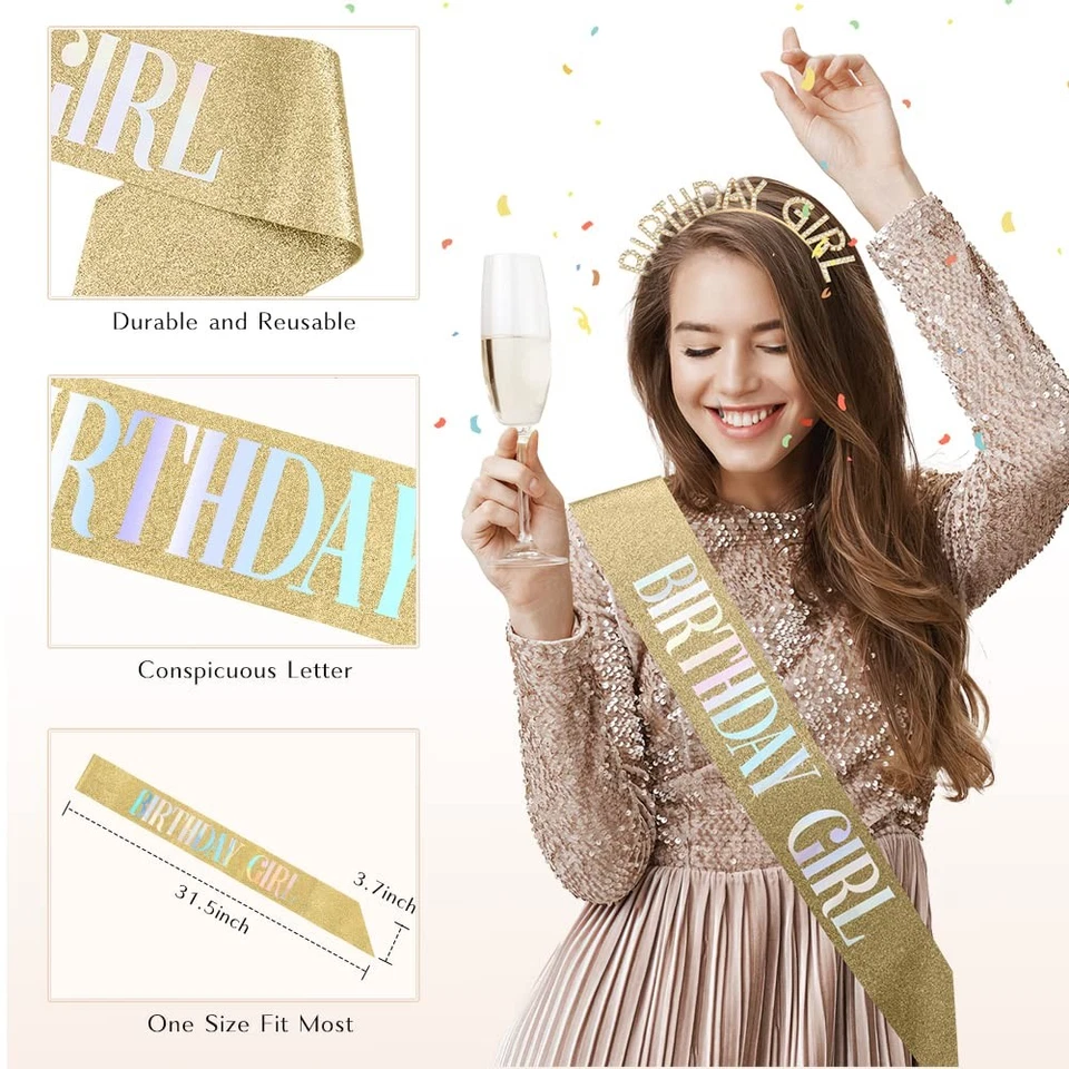 Glitter Birthday Sash, Tiara, and Rhinestone Headband - Gold Set - Image 3 of 4
