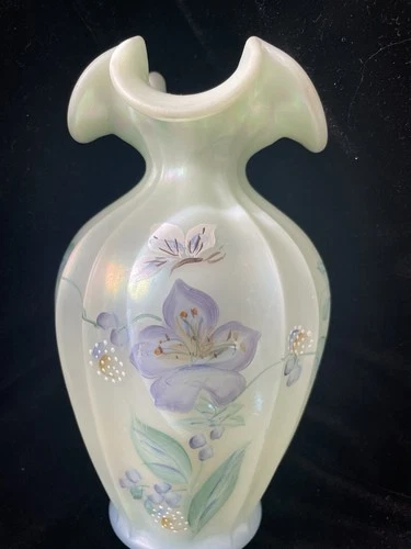 1997 Fenton Sea Mist Butterfly Iridized Hand Painted Signed 8” Vase