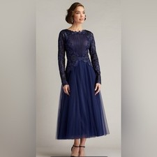 Tadashi Shoji Midnight Blue Embroidered Tulle Midi Cocktail Dress Size 6 620