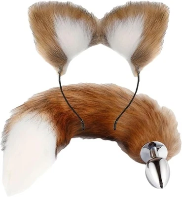 Adults Sexy Faux Fur Fox Tail Ears Headband Cosplay Roleplay Fancy Dress Set