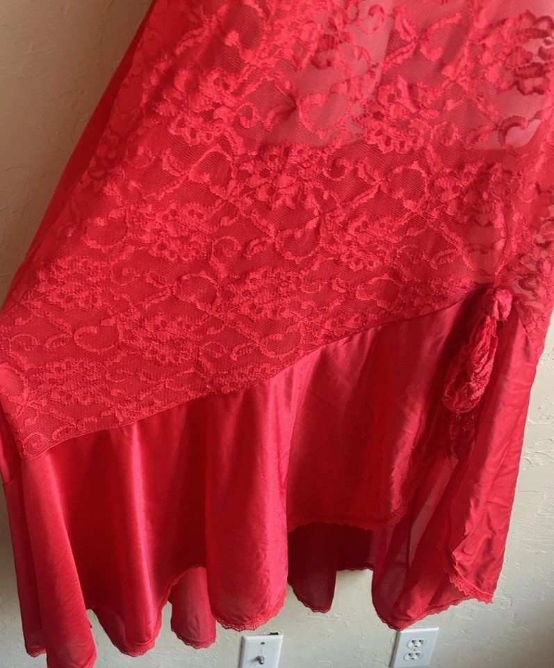 Sexy Vestido Sin Mangas Midi Vintage Años 80 90 L XL Rojo Nylon Encaje Transparente Vestido Dobladillo Sirena Foto 3 de 4