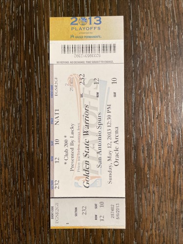 Spurs @ Warriors NBA Playoffs Tickets Stub 05/12/2013 Game 4 Steph Curry