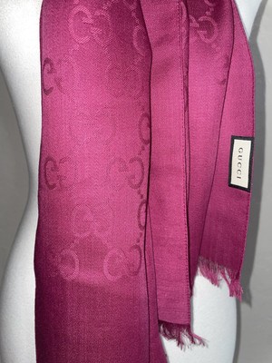 New! Gucci Logo Double GG Silk/Wool Pink Scarf 71”x18”- Made in