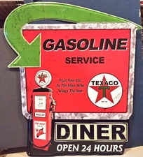 Texaco Gasoline Service Diner Open 24 Hours Die Cut Metal Sign Man Cave Garag...