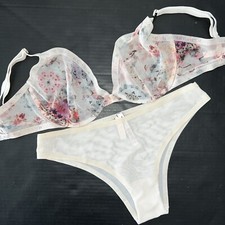 Victoria's Secret unlined 36DD BRA SET L panty white cream green red floral mesh
